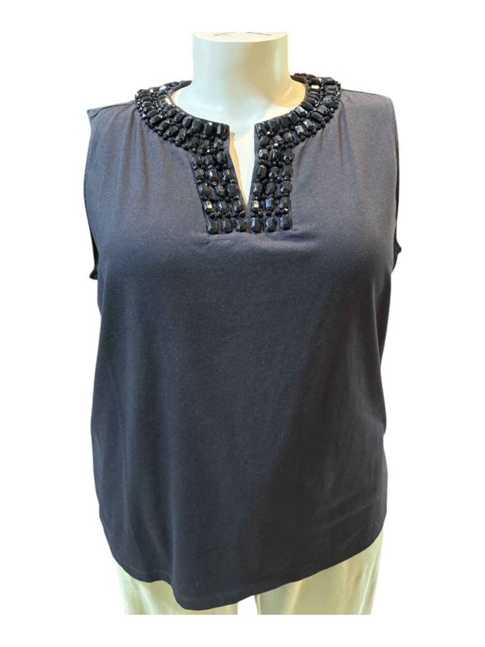 Talbots Sz 3X Black Sleeveless Stretchy Top w/ Chunky Beaded Split Neckline